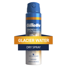 Gillette Aluminum Free Men's Deodorant Odor Shield Spray Glacier Water + Sandalwood, 4.3oz
