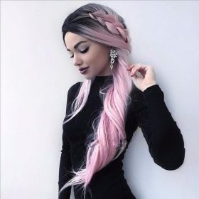 Long straight hair fashion gradient fake hair (Option: Gradient light pink)