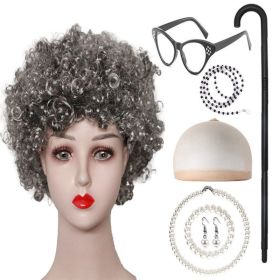 Grandma Curly Hair Gray Grandpa Wig Suit (Option: Light Gray Curly Hair 8PCs Set)