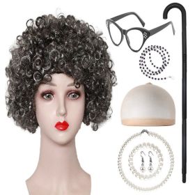Grandma Curly Hair Gray Grandpa Wig Suit (Option: Dark Gray Curly Hair 8PCs Set)